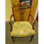 Georgian period mahogany open backed Hepplewhite style carver with tapestry overstuffed seat