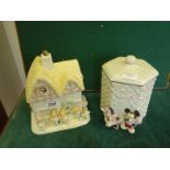 2 x well crafted Disney Showcase china Cookie Jars and lids, 1 modelled as Snow White's cottage with