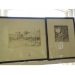 2 x similar Art Deco period black and white engravings of Circus scenes, 1 x flame thrower 6" x 6"