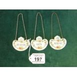 Crown Staffordshire, 3 x porcelain decorative bottle labels, Brandy, Whisky, Gin each decorated with