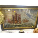 framed & glazed Diorama of a Cutter in full sail a 3 mast ship set in a naturalistic landscape of