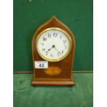 Edwardian period Arch topped mantle clock, 8" tall with shell motif inlaid to the centre section