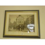 Framed and glazed black and white etching Dickensian Victorian people outside a building signed Alex