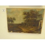 Mid-19 th century oil painting on canvas, a panoramic landscape scene with cottage lane, standing