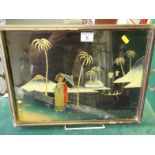 Painting on glass Japanese c1920, the glass section inset to an oak frame, converted to a carrying