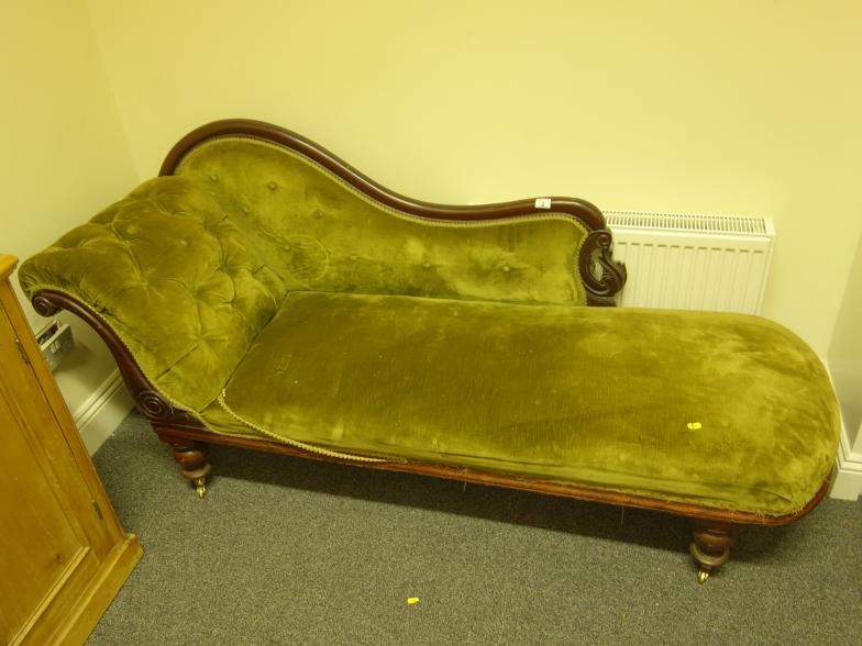 Early 19c green velour upholstered Chaise Lounge with scrolling arm rest £ and button back head rest