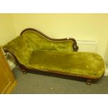 Early 19c green velour upholstered Chaise Lounge with scrolling arm rest £ and button back head rest
