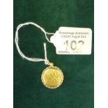 Half Sovereign, 1908 condition fare, set in 9ct gold necklace setting total 5 grams