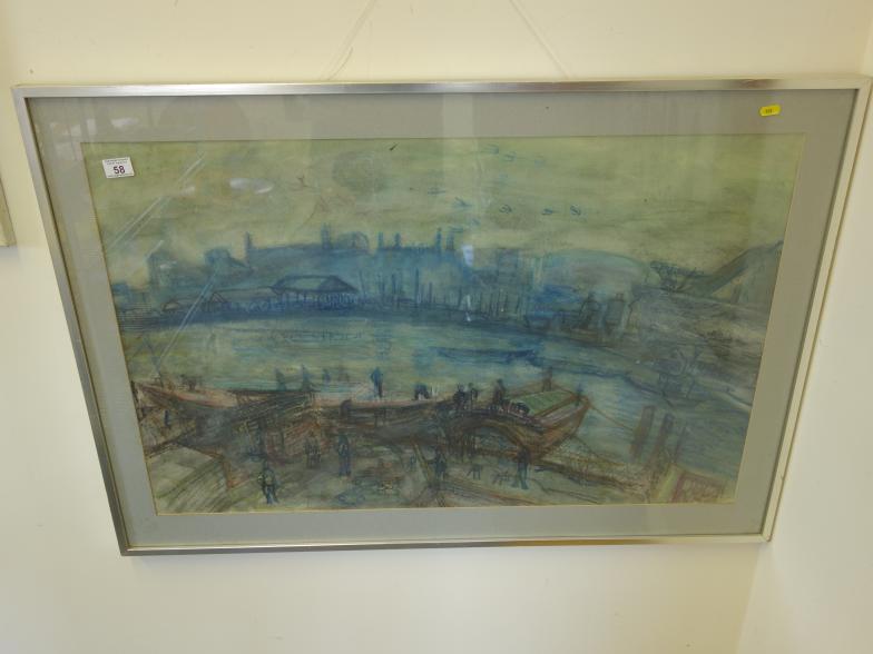 Large interesting pastel picture depicting Battersea Power Station? And the Thames numerous