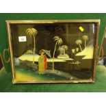 Early 20th Century Oriental print on glass, panoramic landscape scene with figure