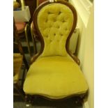 19c walnut spoon back chair with golden velour upholstery with button back