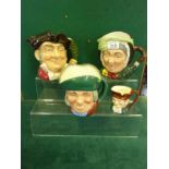 Royal Doulton caricature jugs, 3 large including Toby Philpot’s, Mine Host, Sairey Gamp, and 1 x