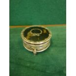 Silver 19c rouge pot and lid with tortoise shell and piquet ware lid on tripod supports, item
