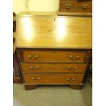Late 19c mahogany inlaid Bureau with a fall front above 3 long drawers on bracket supports,