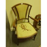 Delicate Victorian open carver chair, inlaid decoration and scrolling arms