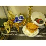 Half shelf containing collector’s items including cheese dish and stilton cheese dish and lid, brass