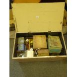 Pine box containing various Hornby O-Gauge accessories and items including transformers, plenty