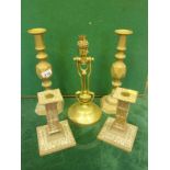 Pair of Victorian decorative brass candlesticks 10" tall a pair of Arts & Crafts brass