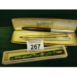 Black and chrome Parker 51, a speckled green Conway Stuart with 14ct nib both with froze bodies, a