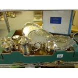 Box containing a large amount of silver plated items, including complete tea sets, galleried serving