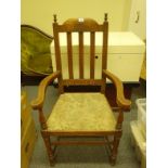 Oak open carver chair with tapestry upholstered seat