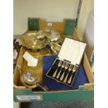 Box containing silver plated items to include tureen and lid, comport, tea pot, boxed cutlery, ladle