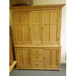 Mid-19c large pine Housekeepers cupboard, 7' tall x 5'6 wide the top section containing panelled