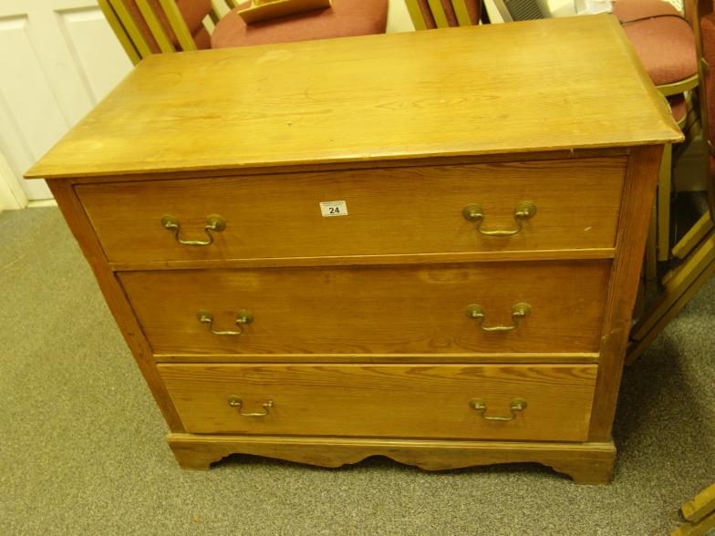 Victorian period pitch pine chest of 3 graduating long drawers with a shaped apron to the base