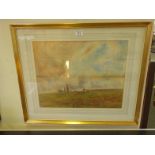 J Lawrence Hart, Edwardian panoramic landscape scene Country meadow with sheep, figure and