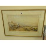 Gilt f/g watercolour Lady and Dog and children on shoreside scene, 12" x 18" approx