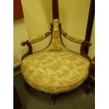 Delicate 19c corner seat with twin arms and Tapestry upholstery on small supports with brass