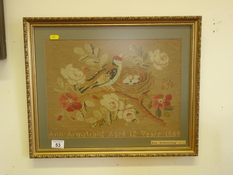 F/g woolwork picture by Amy Armstrong aged 12 1859 in modern frame 14" x 11"