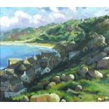 Elizabeth EVANS (b.1964) Oil on canvas ‘Sennen Cove’ – panoramic view Inscribed to verso Signed