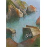 Michael PRAED (b.1941) Mixed media on paper ‘Cliff Harbour (with two small boats)’ Signed 16.5” x