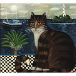 Alan FURNEAUX (b.1953) Oil on board ‘Izzy Waiting’ – cat before Godrevy Lighthouse Inscribed and