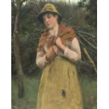 Edwin HARRIS (1855-1906) Oil on canvas Young girl carrying a bundle of sticks Signed 14” x 11.25” (