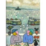 * Joan GILLCHREST  (1918-2008) Oil on board ‘Mousehole Regatta’ Inscribed and signed on label Signed