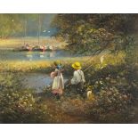 * Ted DYER (b.1940) Oil on canvas ‘The Young Fisherman’ – children on a riverbank Signed 7.5” x 9.5”