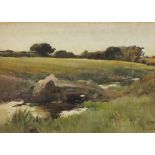 John Guttridge SYKES (1866-1941) Watercolour  Footbridge across a stream in a water meadow 10.5” x