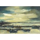* Mary STORK (1938-2007) Oil on board ‘Newlyn Dawn’ – the harbour and Mount’s Bay Inscribed,