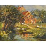* Ted DYER (b.1940) Oil on canvas Red brick farmhouse with ducks and figures by a stream Signed 7.