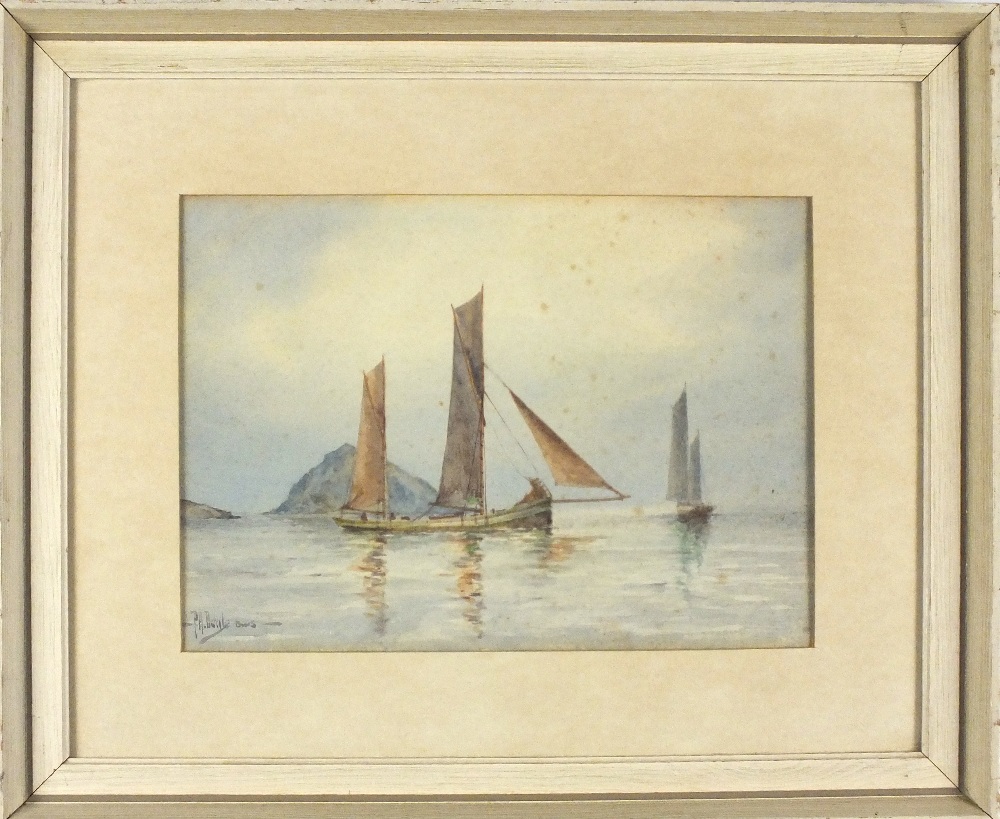 P* A* BEALE (Exhibited 1923-1925) Watercolour Twin masted fishing boats in calm seas Signed 7.25” - Image 2 of 2