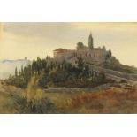 K. M ---? (Late 19th/Early 20th Century) Watercolour Continental landscape with hill top church /