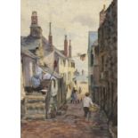 John C. UREN (1845-1932) Watercolour Washday – street scene with a glimpse of the harbour St Ives
