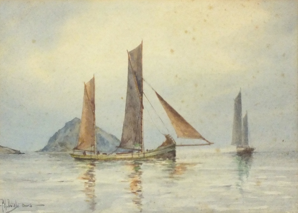 P* A* BEALE (Exhibited 1923-1925) Watercolour Twin masted fishing boats in calm seas Signed 7.25”