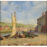 J* M* MALLENDER (Late 19th/Early 20th Century) Oil on card Fishing boat alongside preparing to