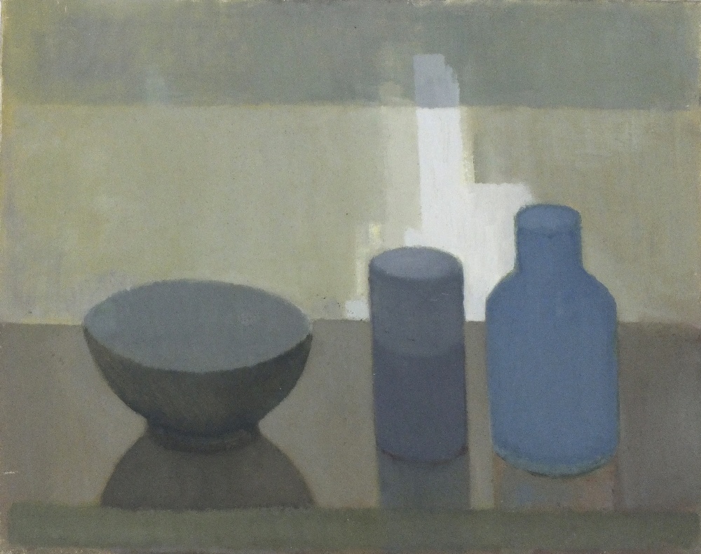 *Muriel ARCHER (1911-2011) Oil on canvas board Still life – bowl & jars on a table Unframed 15.75” x