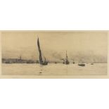 William WYLLIE (1851-1931) Black & white etching dry point Riverscape featuring a sailing barge,