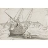 *Edward Bouverie HOYTON (1900-1988) Black & white etching Fishing boat ‘Girl Reneé’ at low tide,