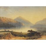 G* SCOTT Watercolour Herdsman & cattle on the shores of a mountain lake Signed & dated 1852 13.25” x